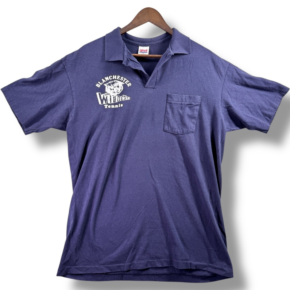 Vintage Anvil Blanchester Wildcats Tennis Mens XL Polo Shirt Blue Made in USA